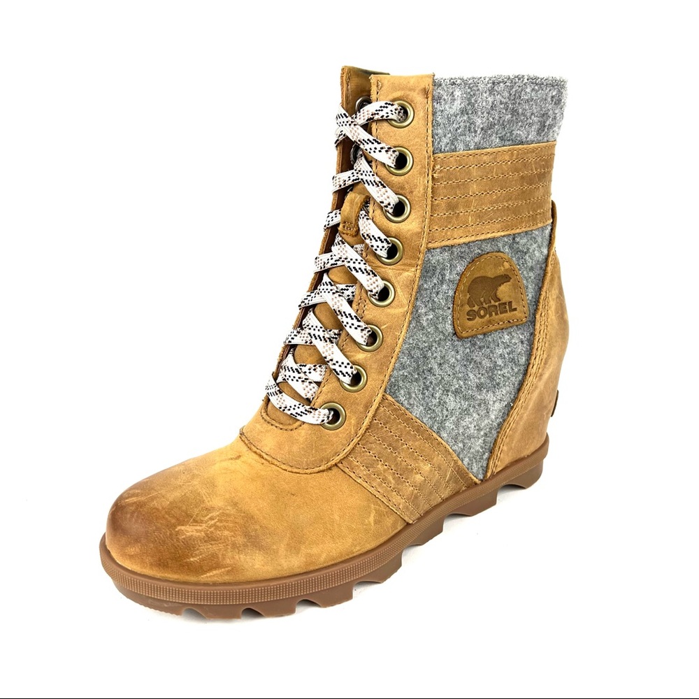 SOREL Lexie Wedge Boots Womens Sz 8.5 Waterproof Camel Brown Leather Gray Fleece